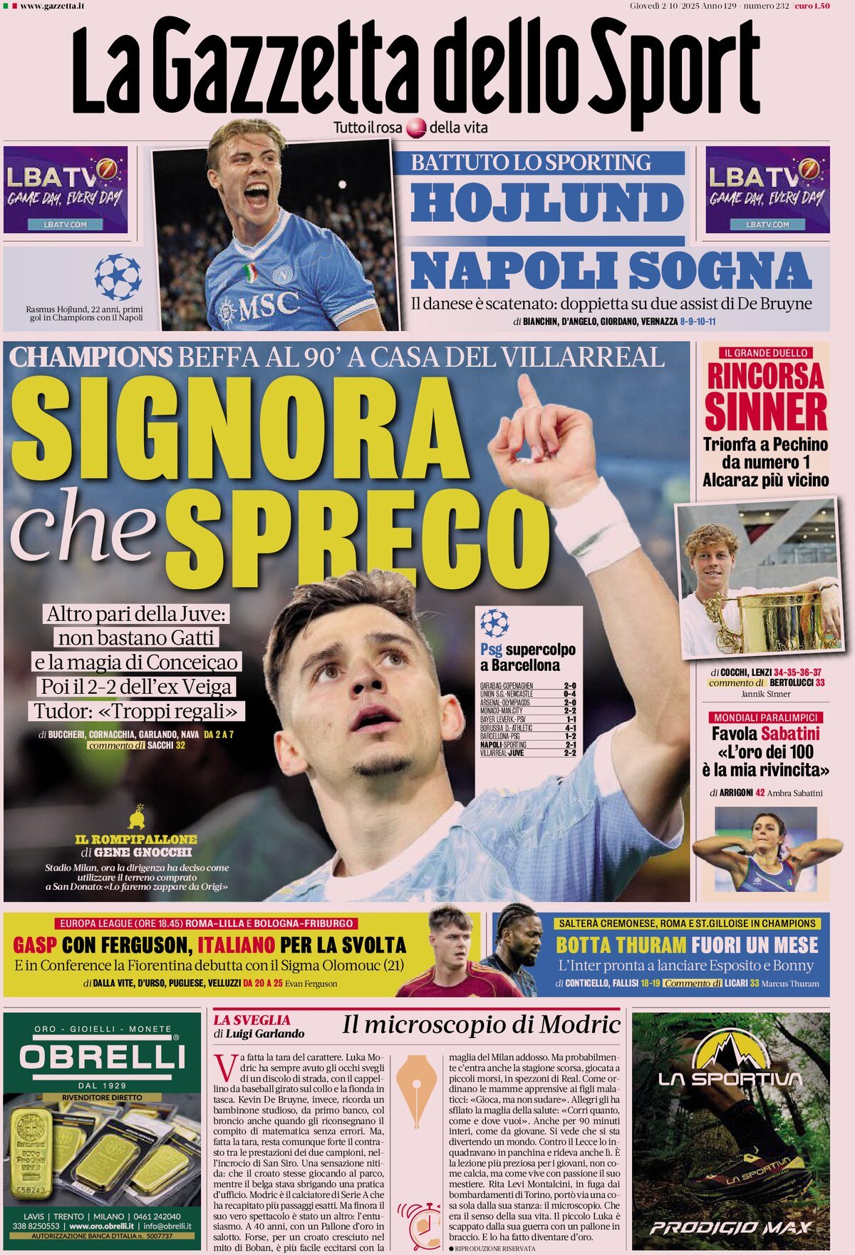 Prima Pagina La Gazzetta dello Sport 02/10/2025