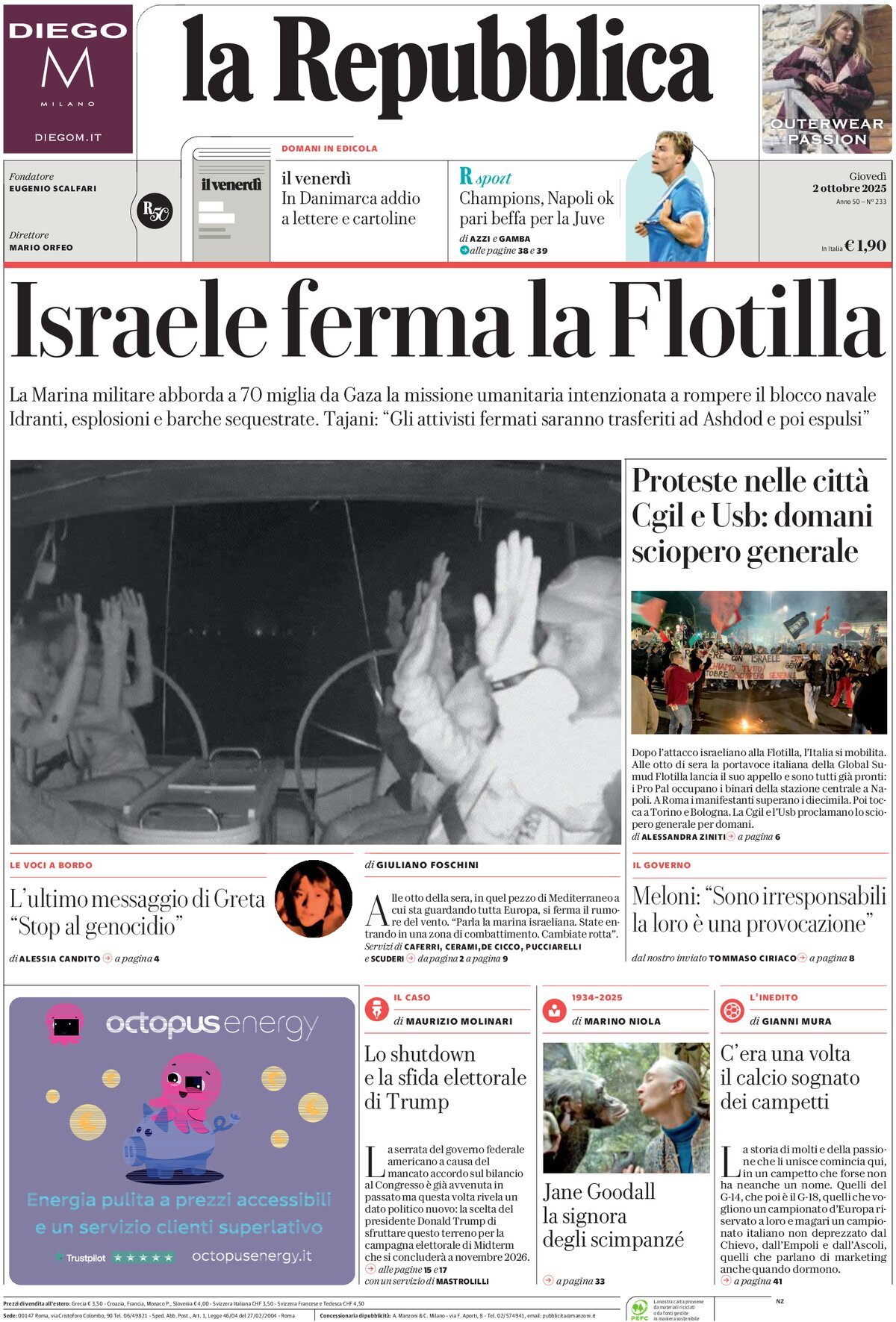 Prima Pagina La Repubblica 02/10/2025