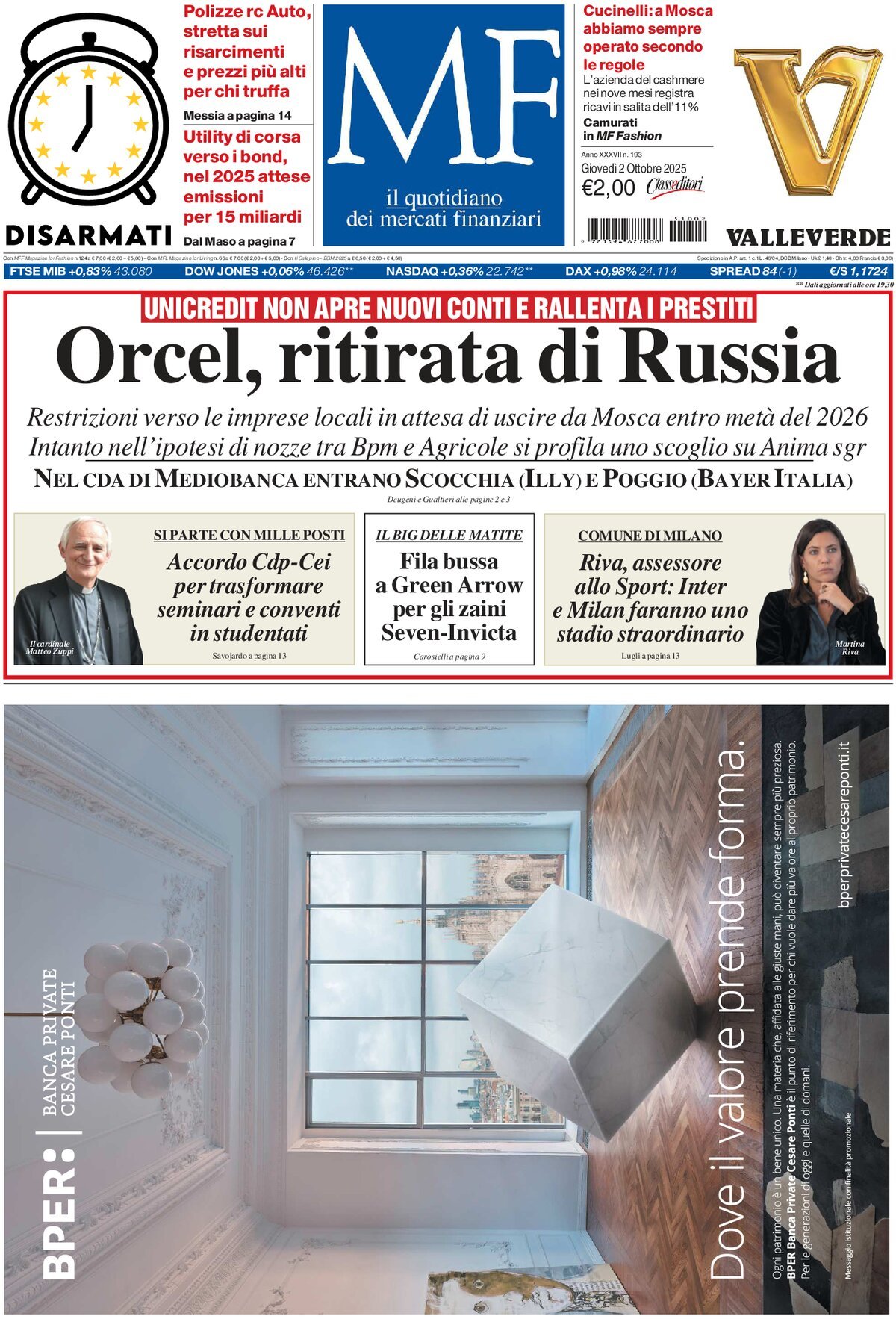 Prima Pagina MF Milano Finanza 02/10/2025