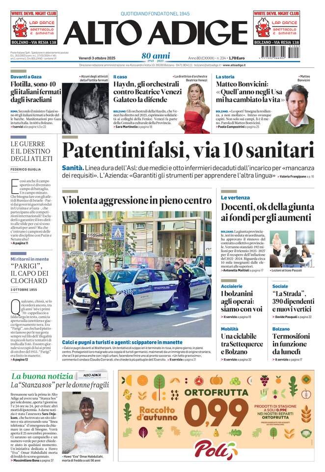 Prima Pagina Alto Adige 03/10/2025
