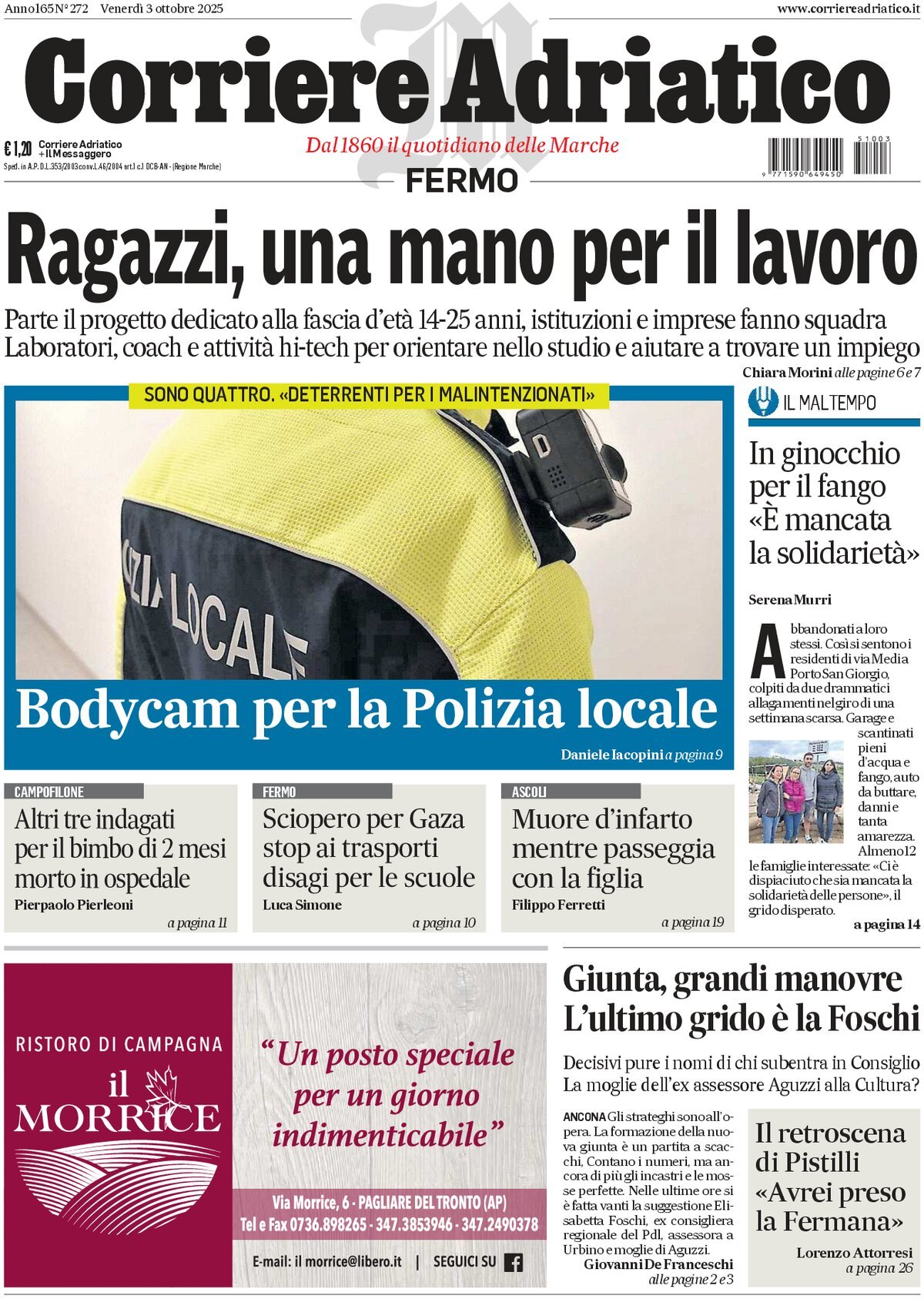 Prima Pagina Corriere Adriatico (Fermo) 03/10/2025