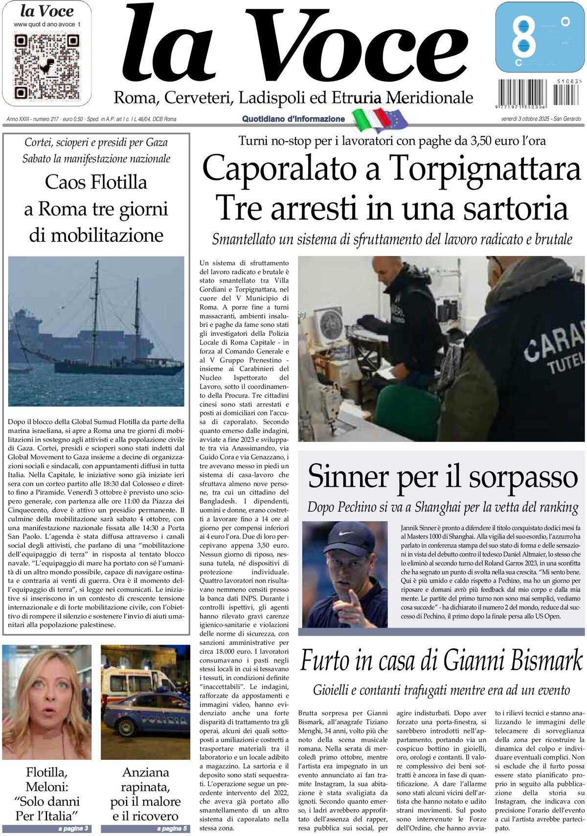 Prima Pagina La Voce (Roma) 03/10/2025