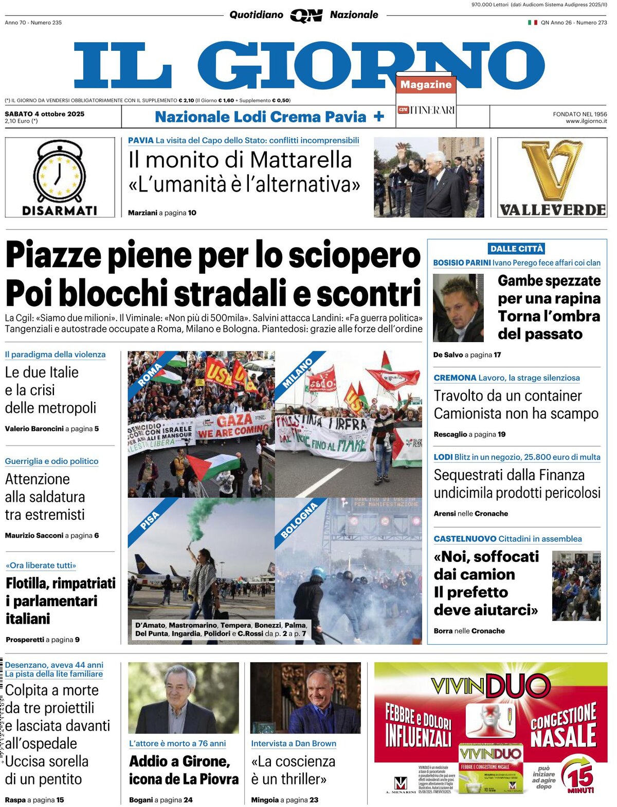 Prima Pagina Il Giorno 04/10/2025