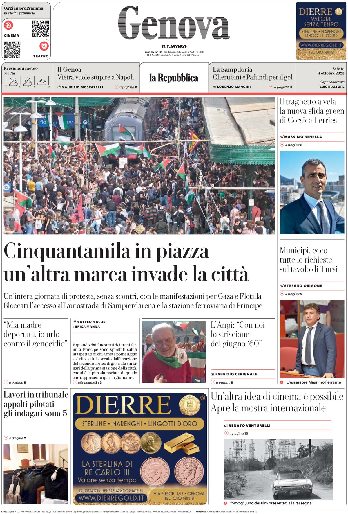Prima Pagina La Repubblica (Genova) 04/10/2025