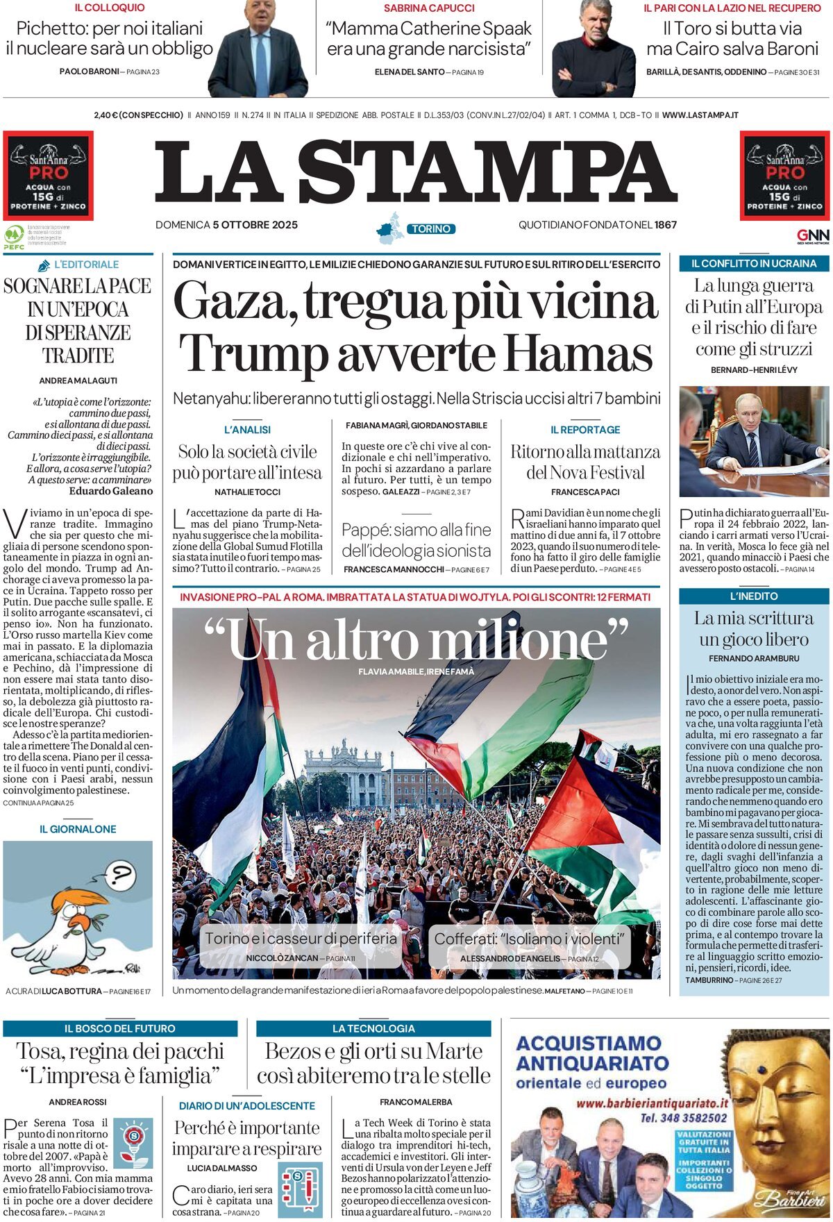 Prima Pagina La Stampa 05/10/2025