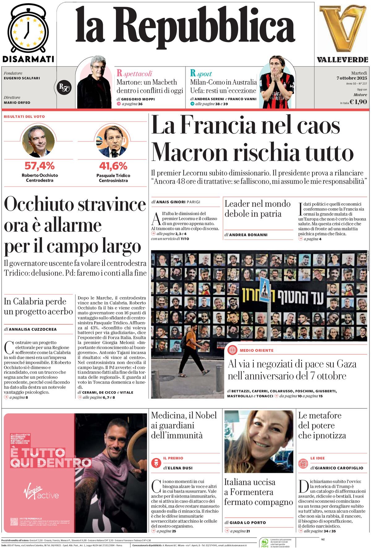 Prima Pagina La Repubblica 07/10/2025