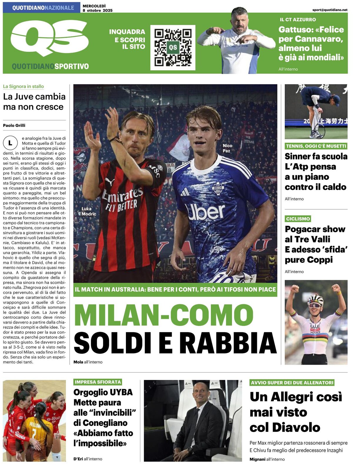 Prima Pagina QS Quotidiano Sportivo 08/10/2025