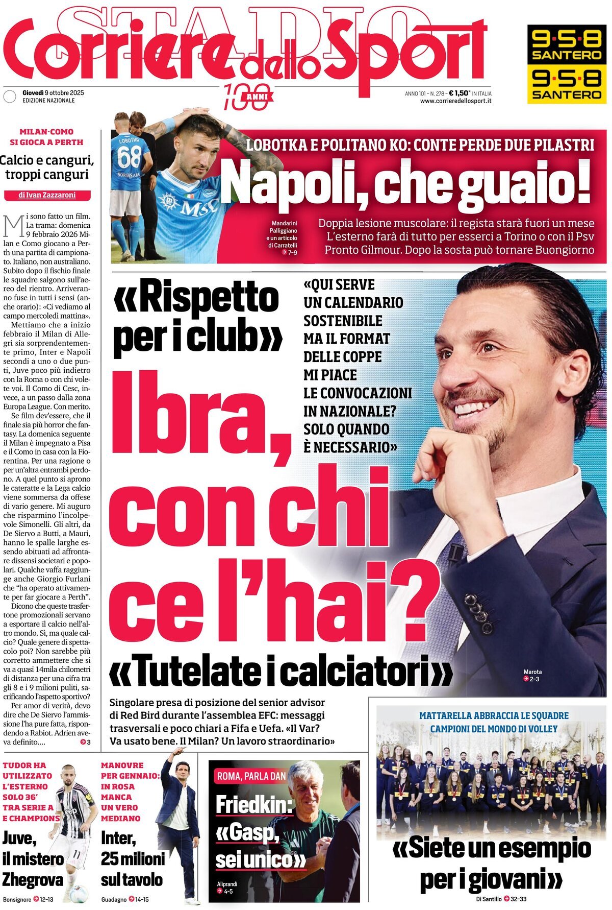 Prima Pagina Corriere dello Sport 09/10/2025