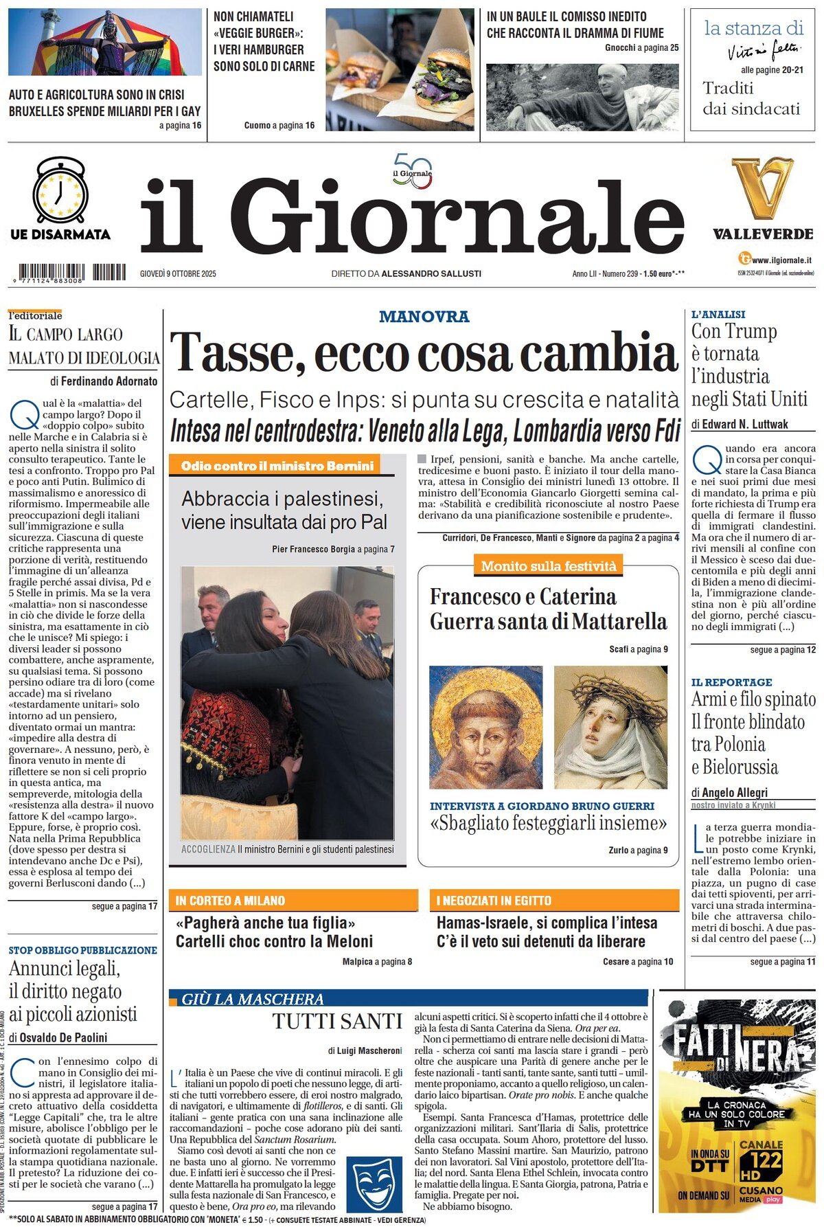Prima Pagina Il Giornale 09/10/2025