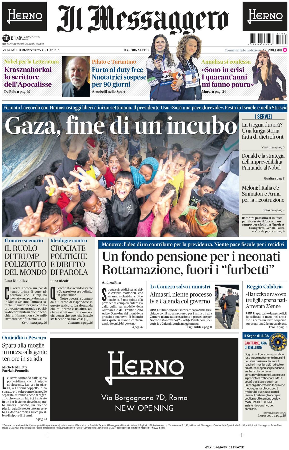 Prima Pagina Il Messaggero 10/10/2025