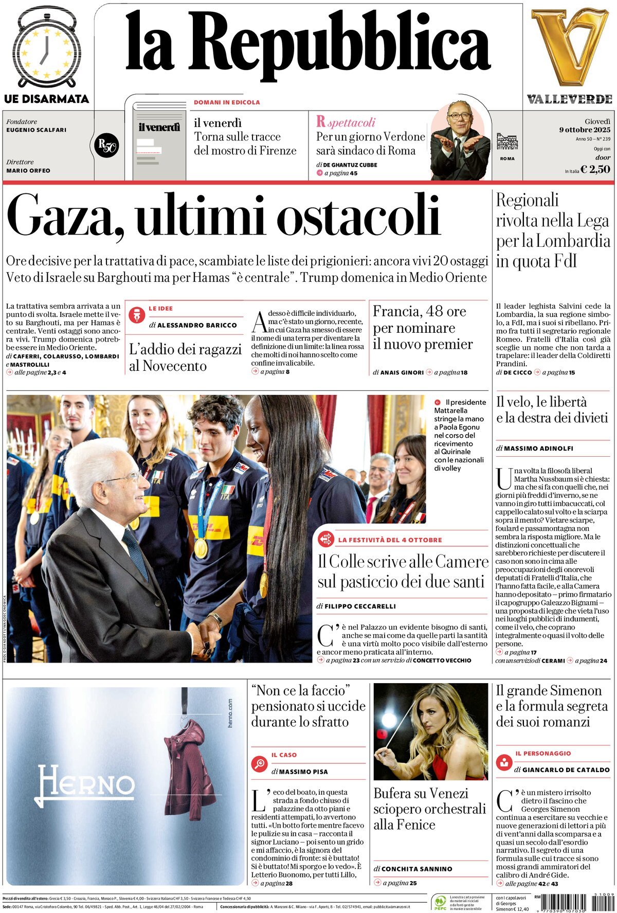 Prima Pagina La Repubblica 09/10/2025