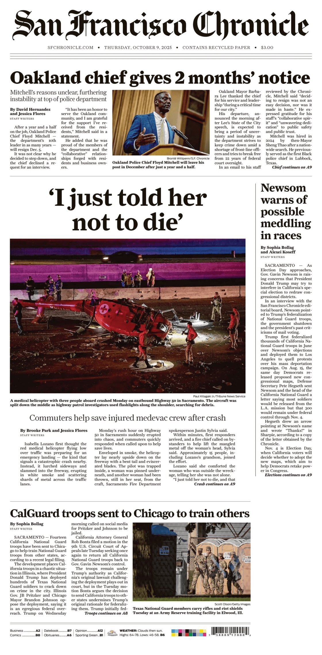 Prima Pagina San Francisco Chronicle 09/10/2025