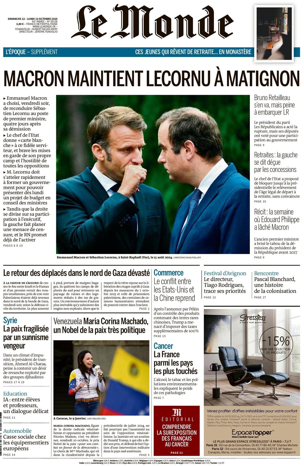 Prima Pagina Le Monde 13/10/2025
