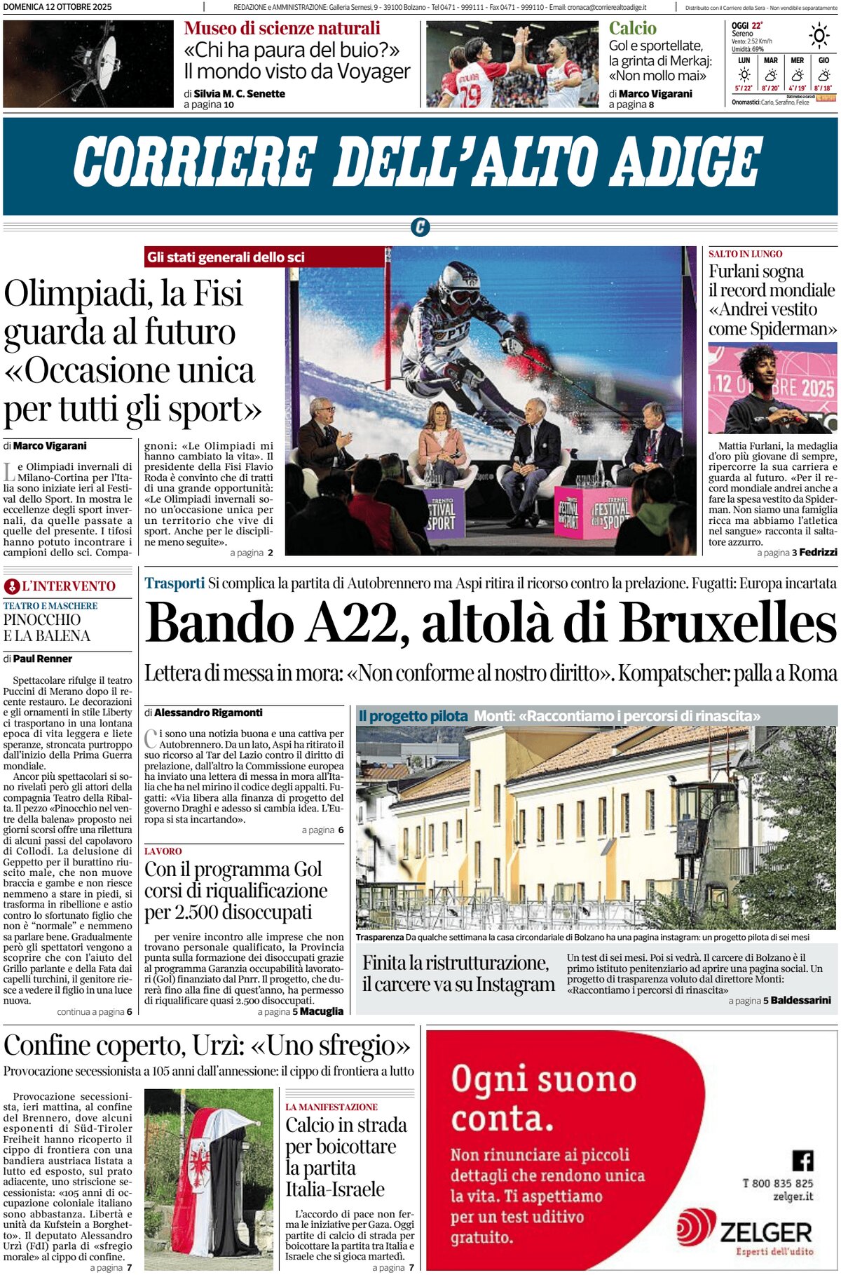 Prima Pagina Corriere dell'Alto Adige 12/10/2025