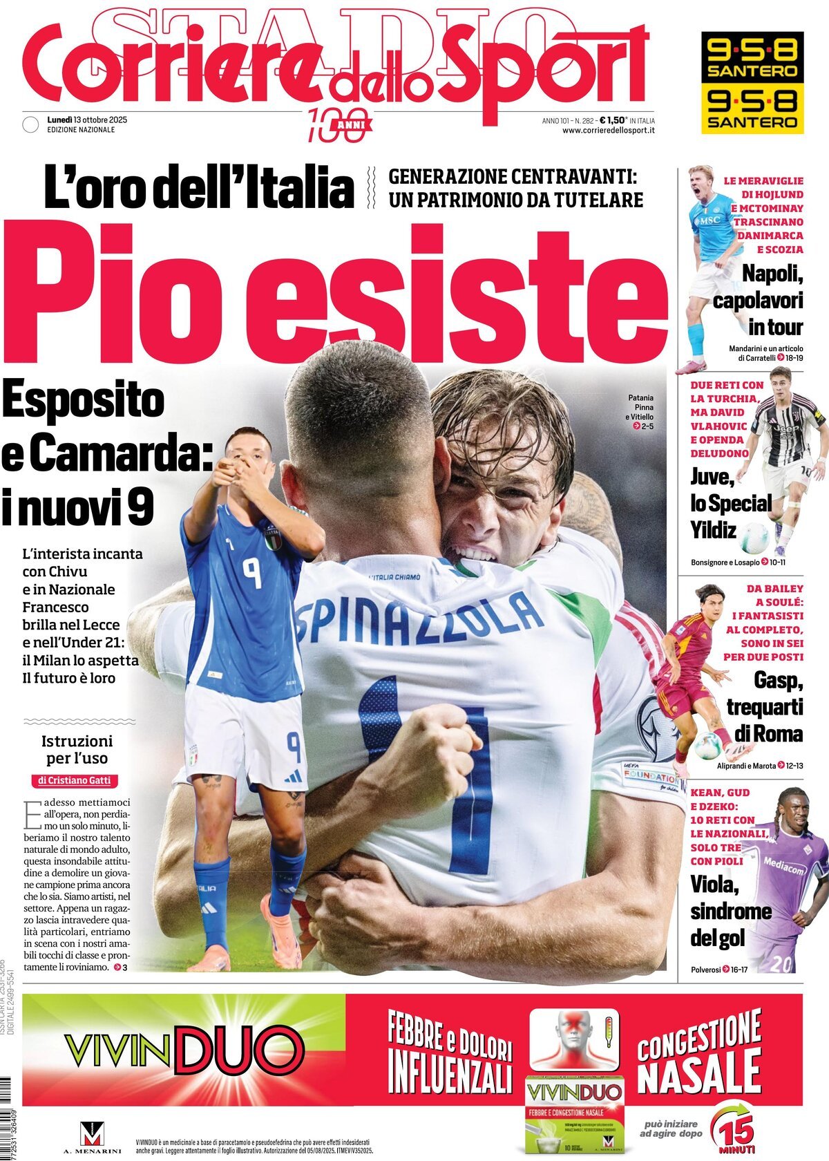 Prima Pagina Corriere dello Sport 13/10/2025
