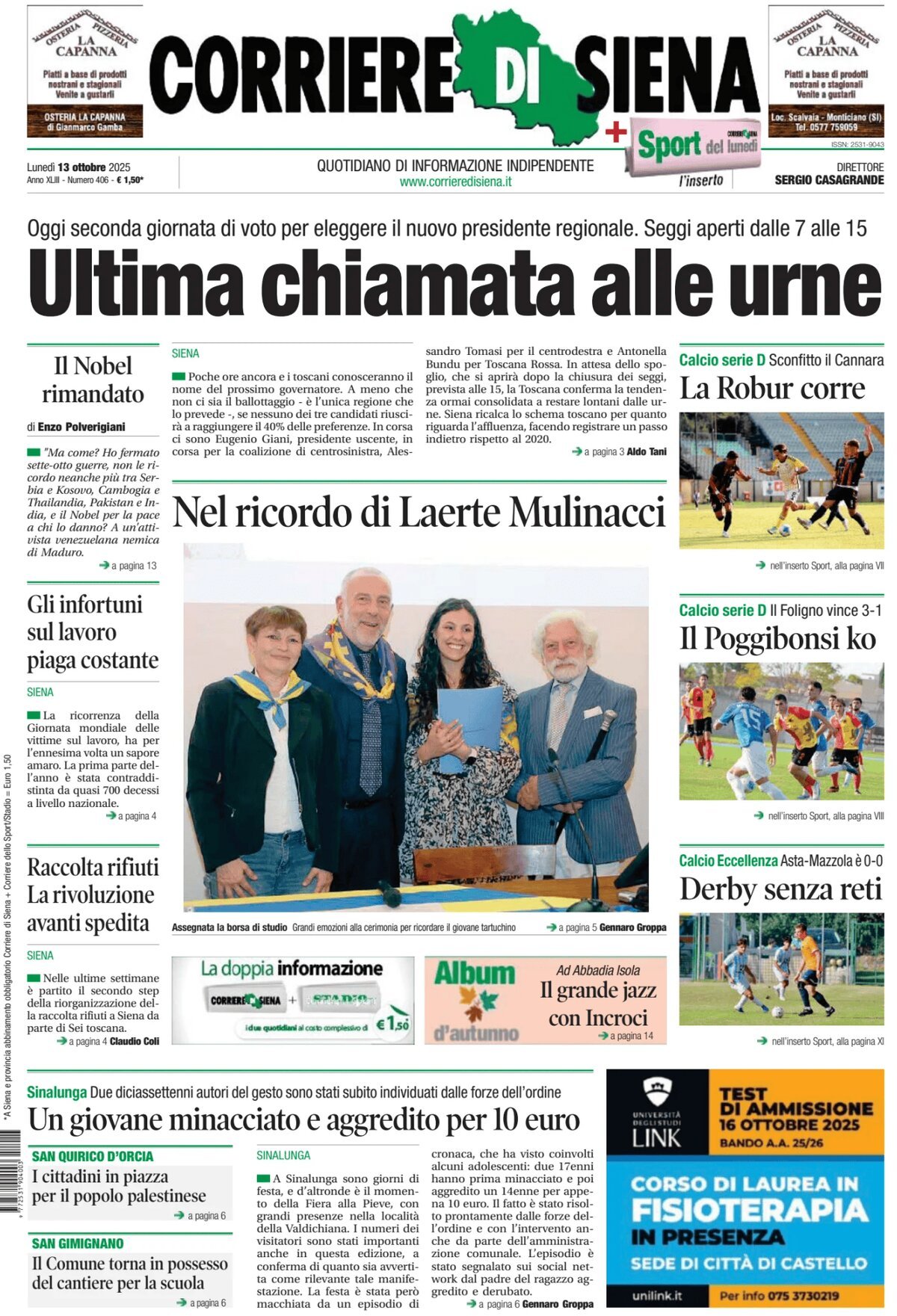Prima Pagina Corriere di Siena 13/10/2025