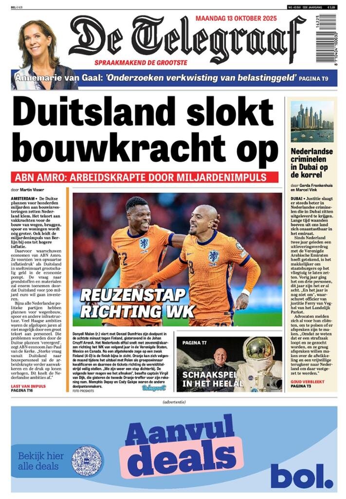 Prima Pagina De Telegraaf 13/10/2025