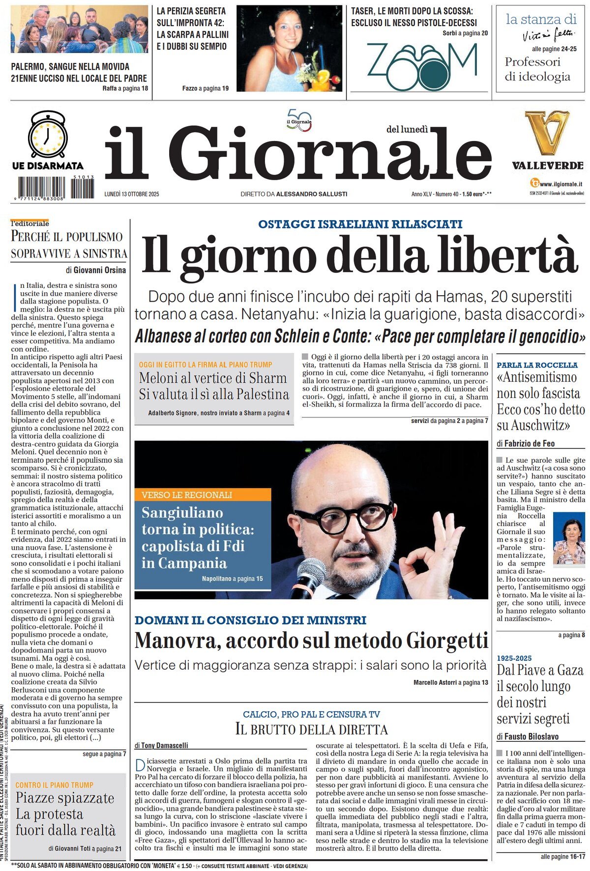 Prima Pagina Il Giornale 13/10/2025