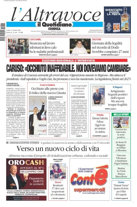 Prima Pagina Il Quotidiano del Sud (Cosenza) 13/10/2025