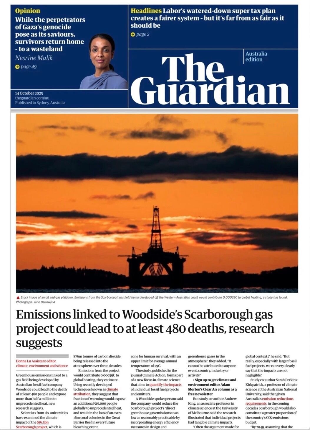 Prima Pagina The Guardian Australia 14/10/2025