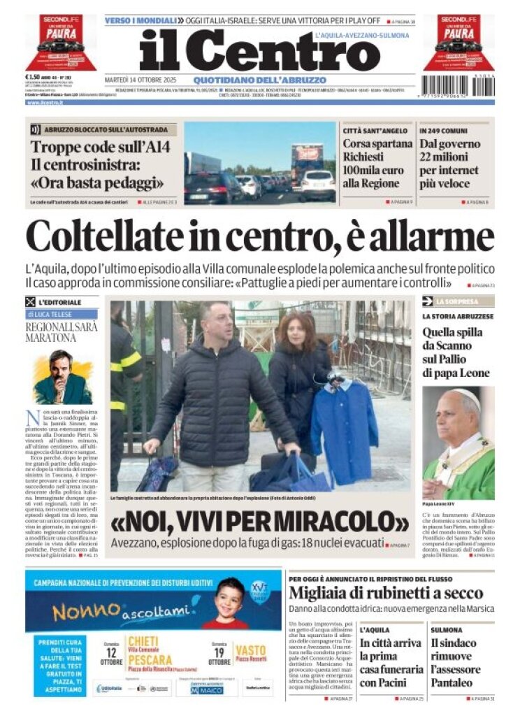 Prima Pagina Il Centro (L'Aquila) 14/10/2025