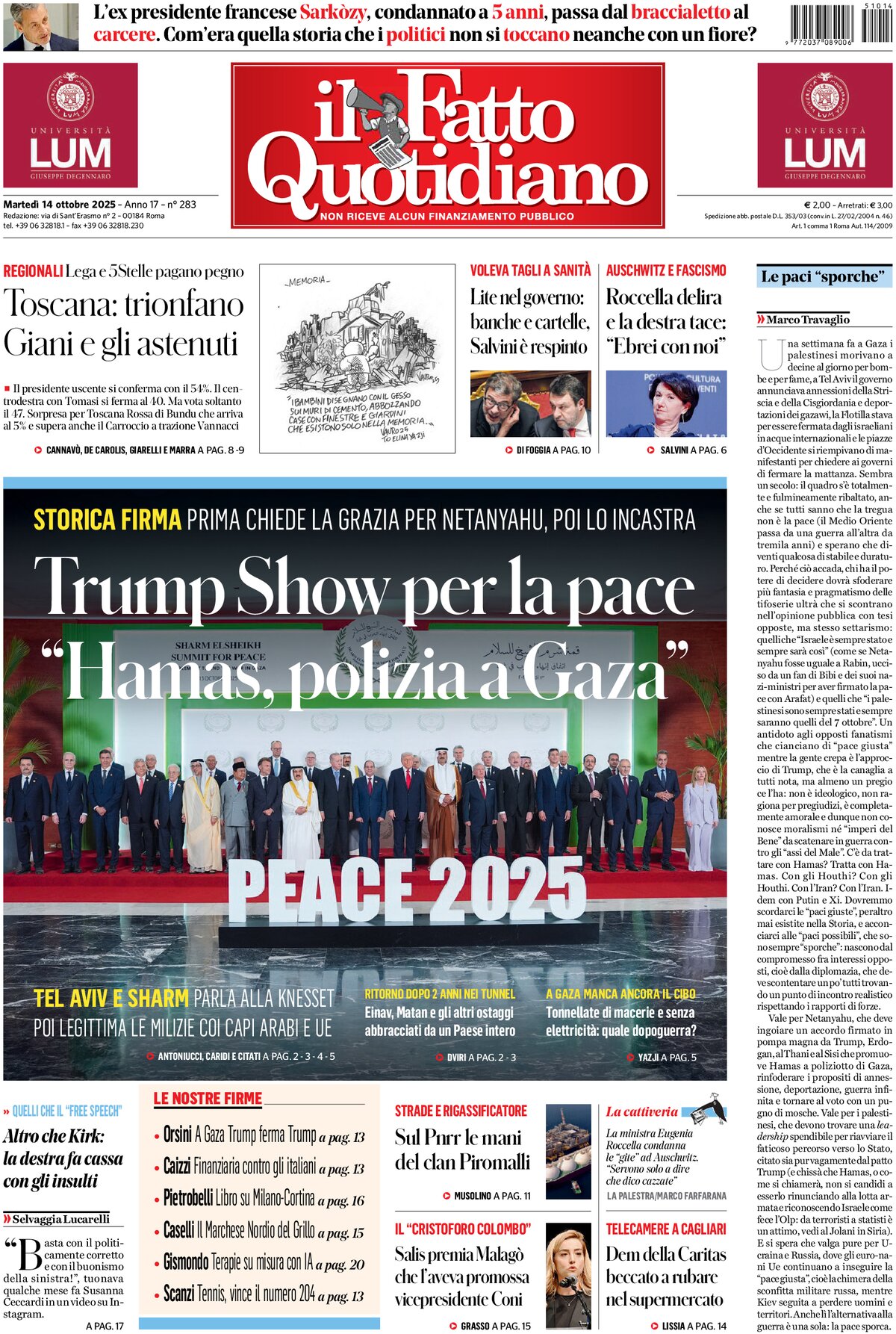 Prima Pagina Il Fatto Quotidiano 14/10/2025