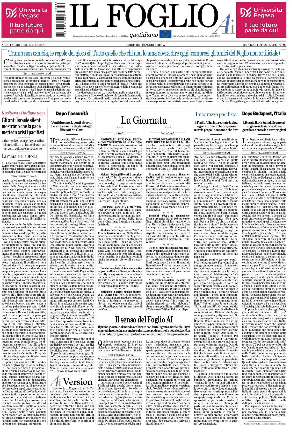 Prima Pagina Il Foglio AI 14/10/2025