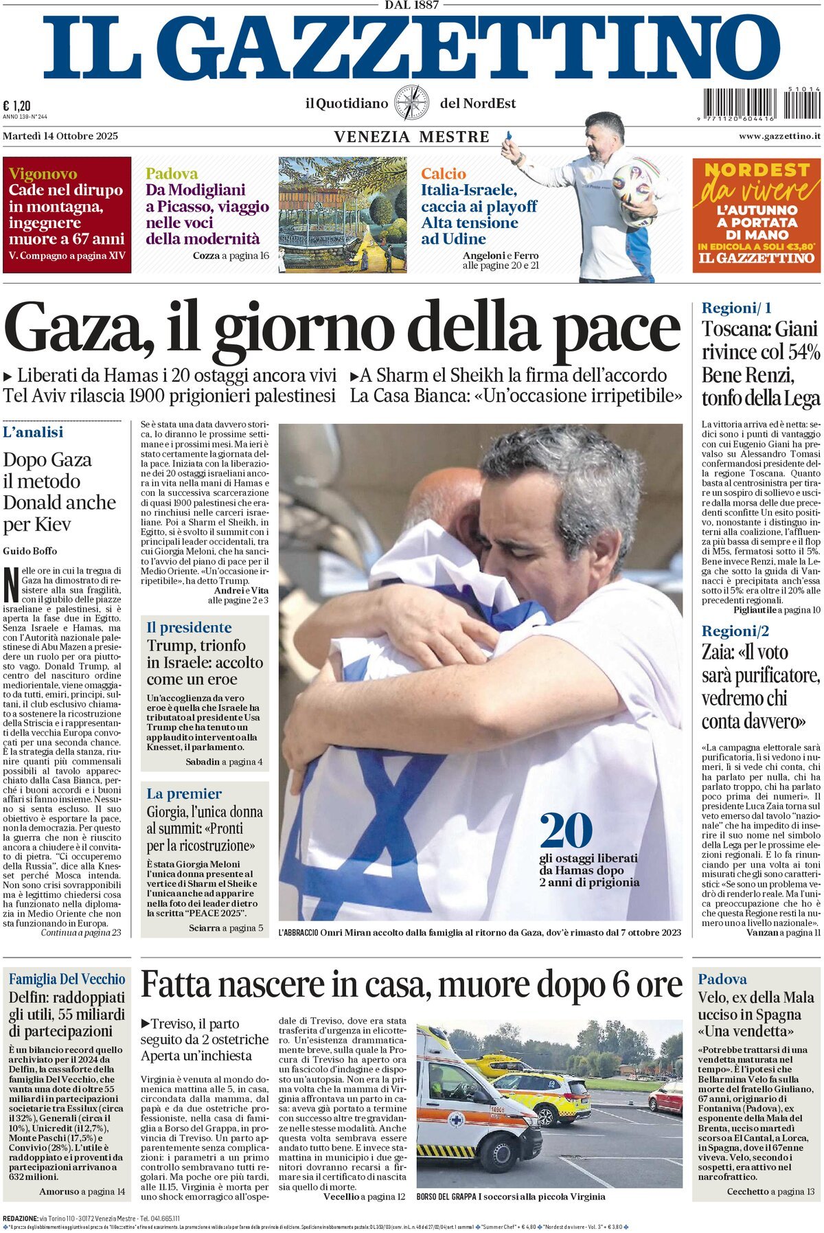 Prima Pagina Il Gazzettino 14/10/2025