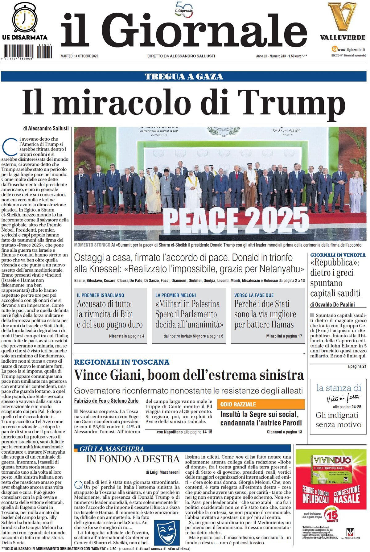 Prima Pagina Il Giornale 14/10/2025