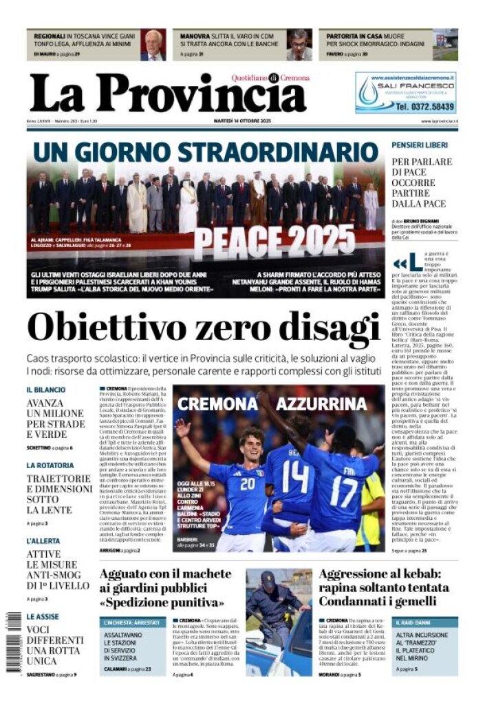 Prima Pagina La Provincia di Cremona 14/10/2025