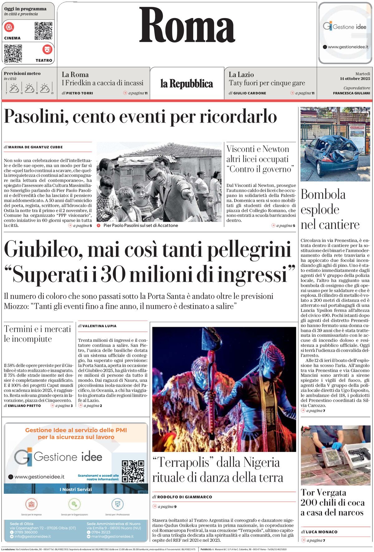 Prima Pagina La Repubblica (Roma) 14/10/2025