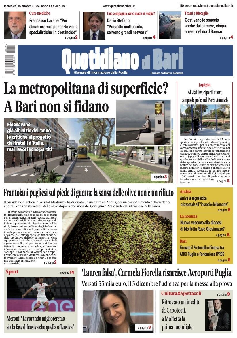 Prima Pagina Quotidiano di Bari 15/10/2025