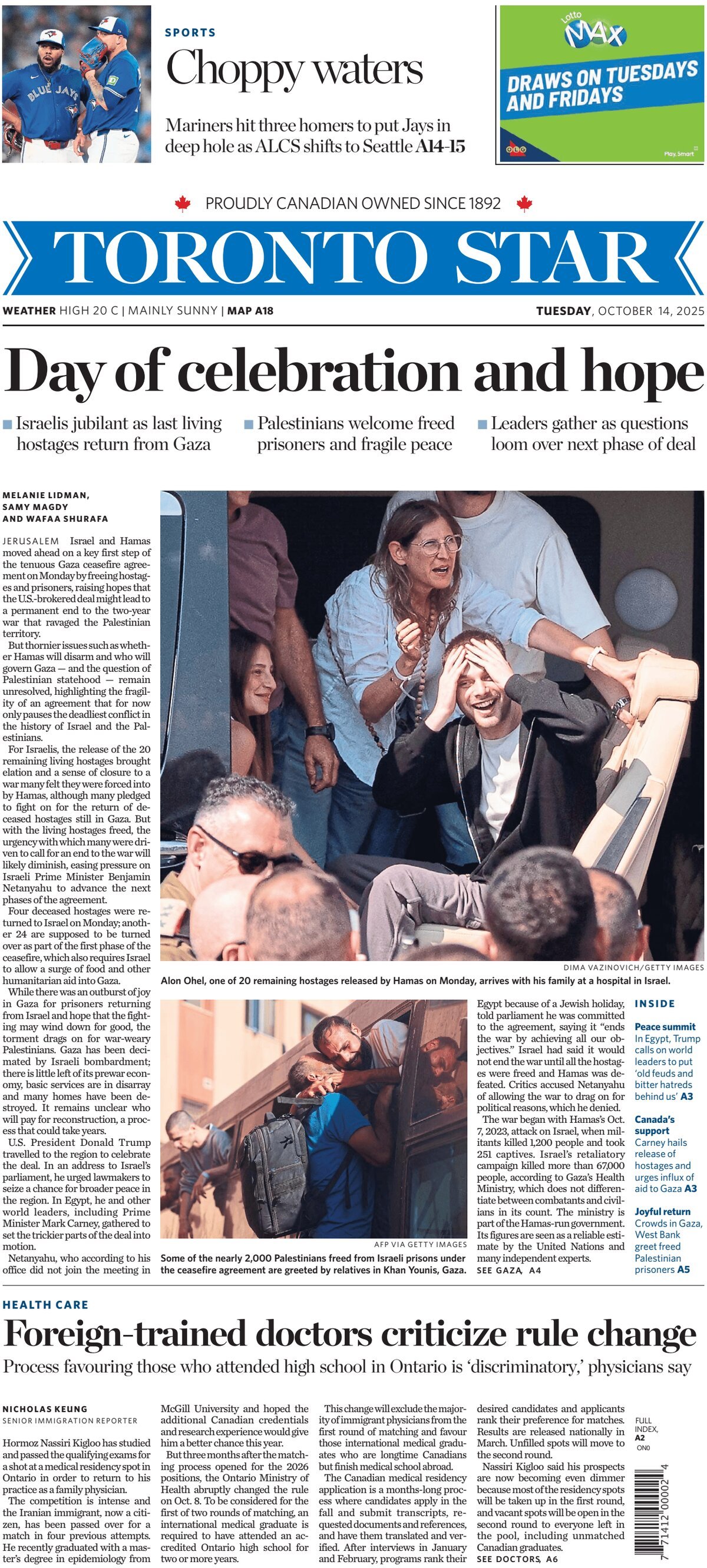 Prima Pagina Toronto Star 14/10/2025