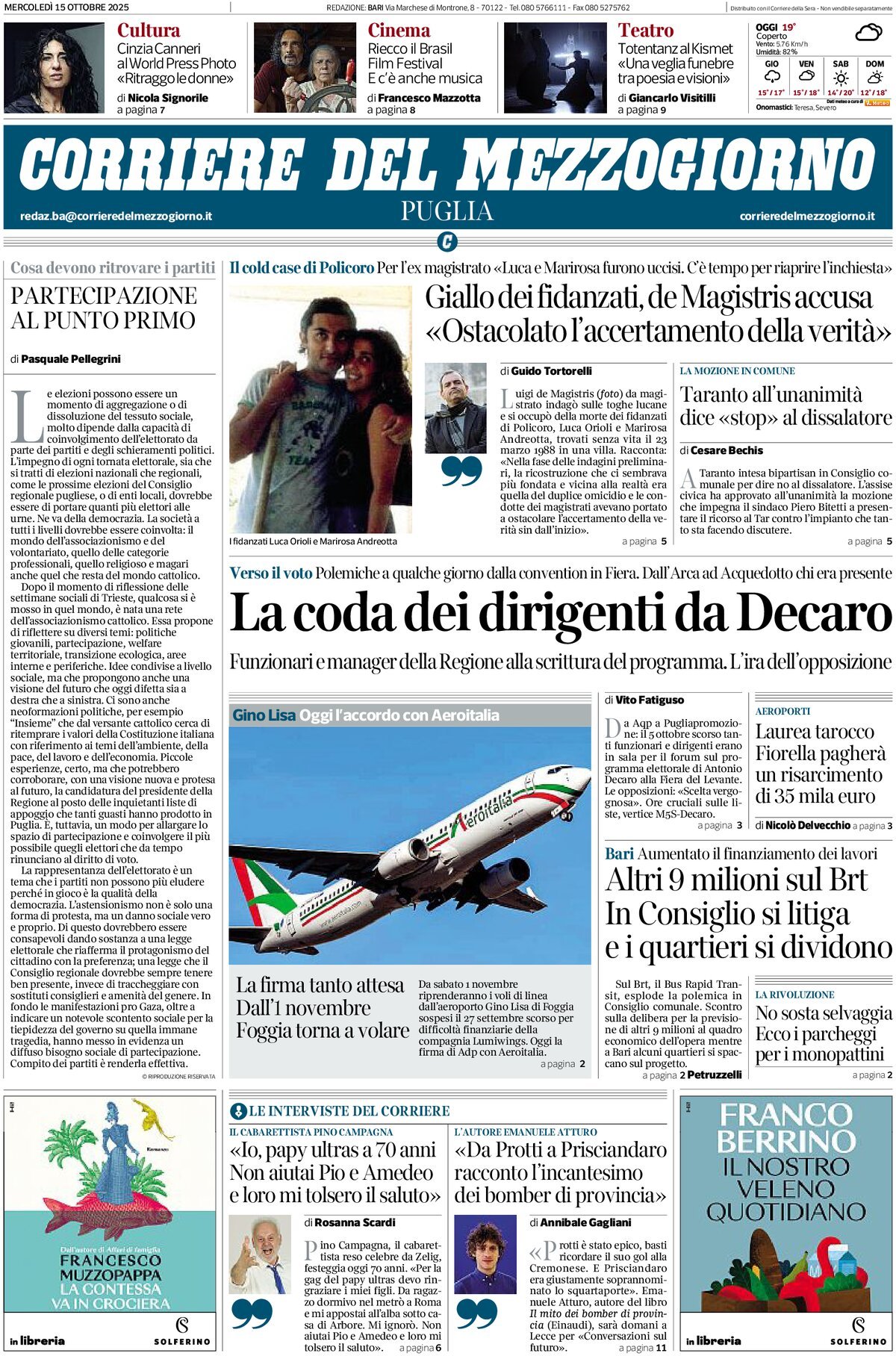 Prima Pagina Corriere del Mezzogiorno (Puglia) 15/10/2025