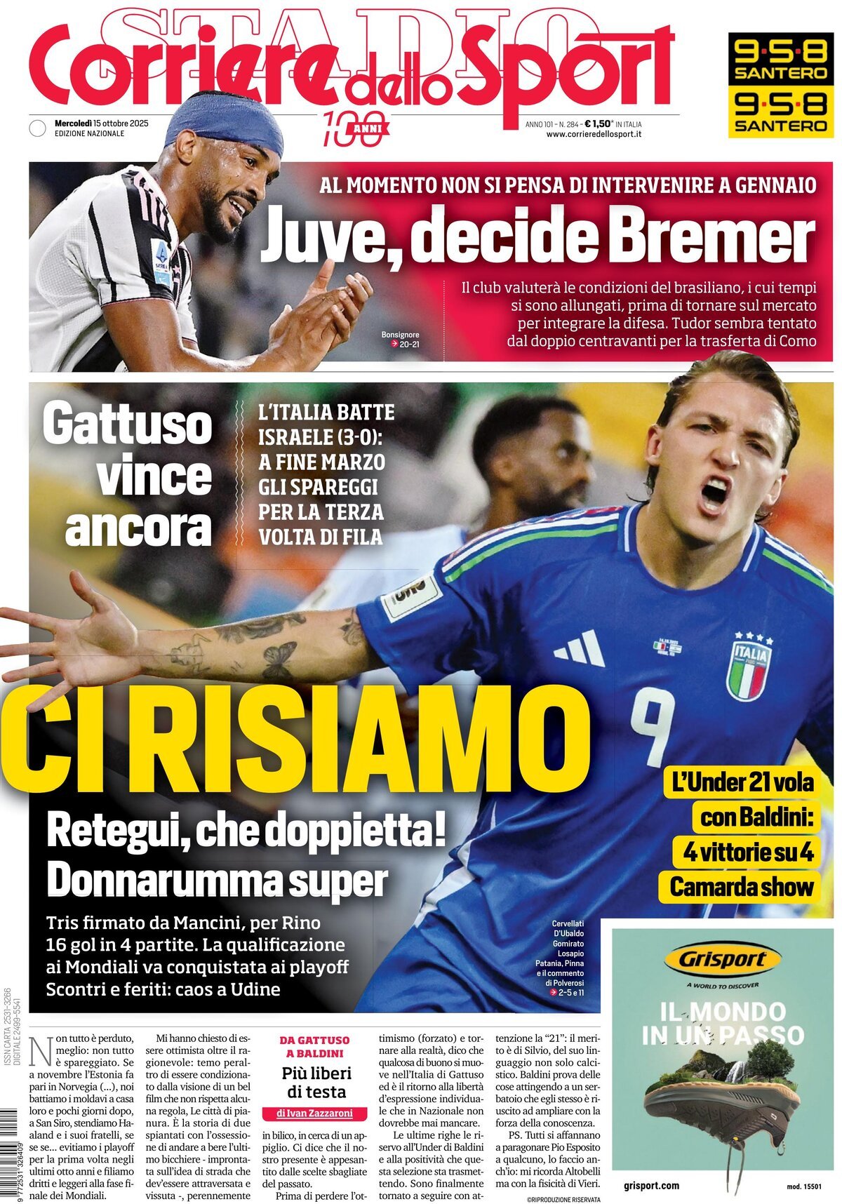 Prima Pagina Corriere dello Sport 15/10/2025