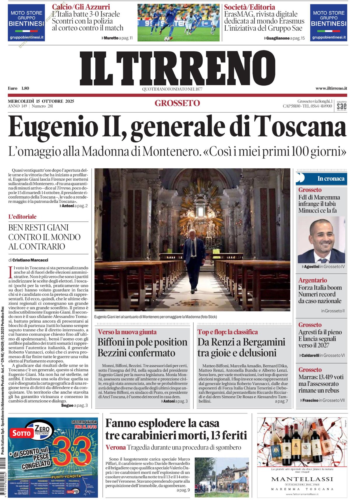 Prima Pagina Il Tirreno (Grosseto) 15/10/2025