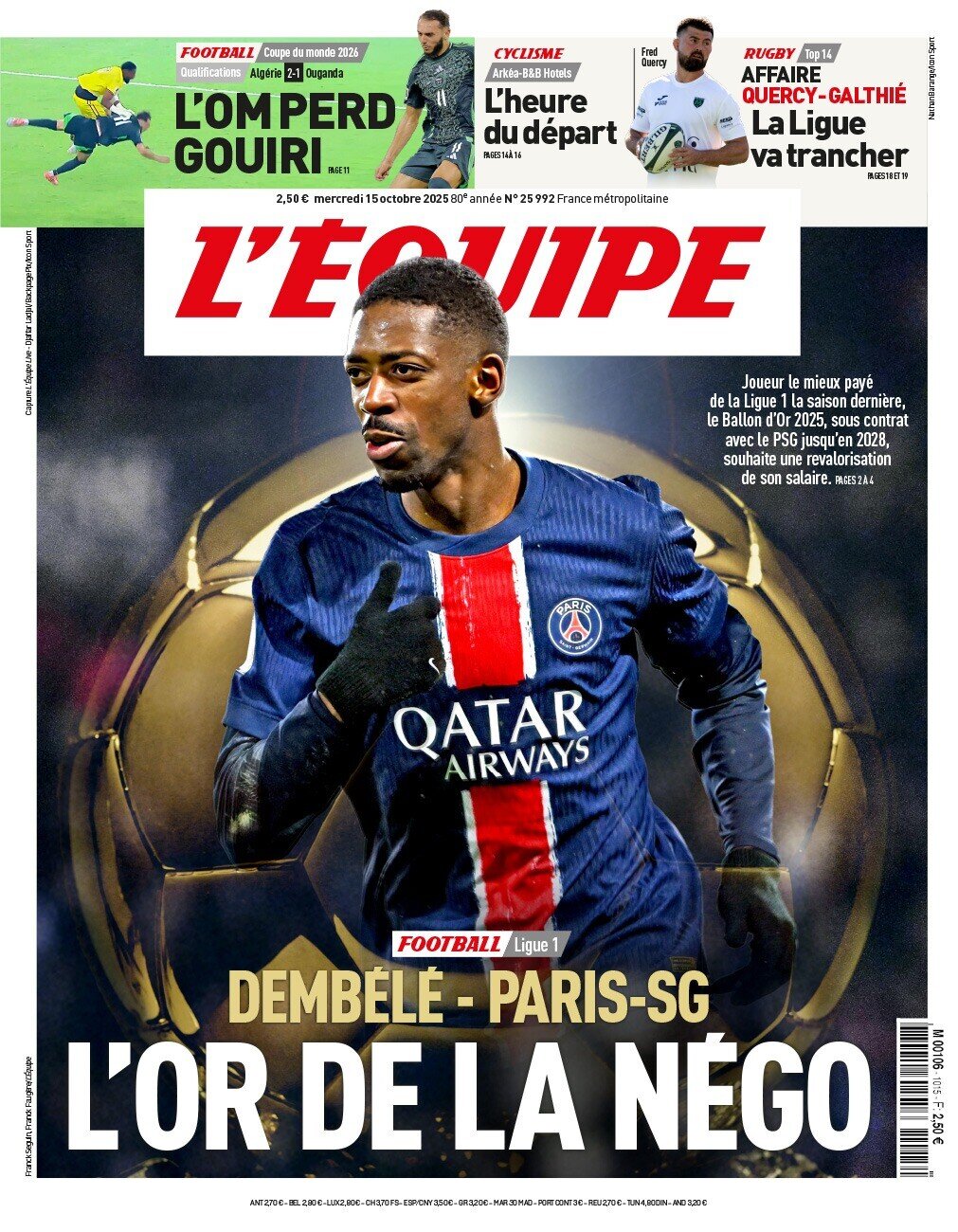 Prima Pagina L'Equipe 15/10/2025
