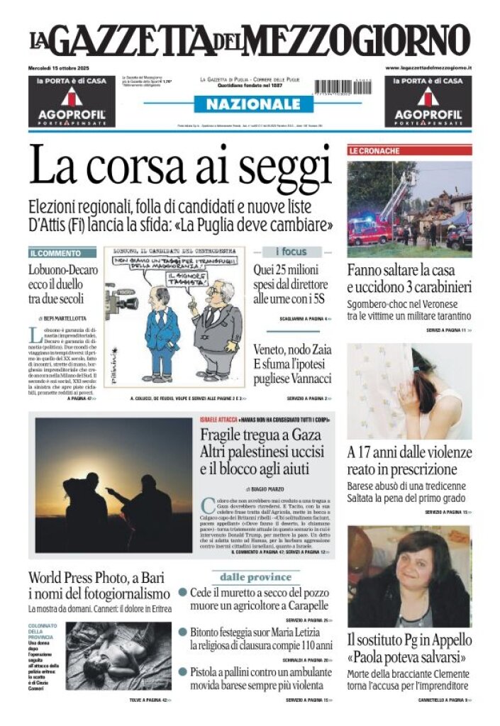 Prima Pagina La Gazzetta del Mezzogiorno (Bari) 15/10/2025