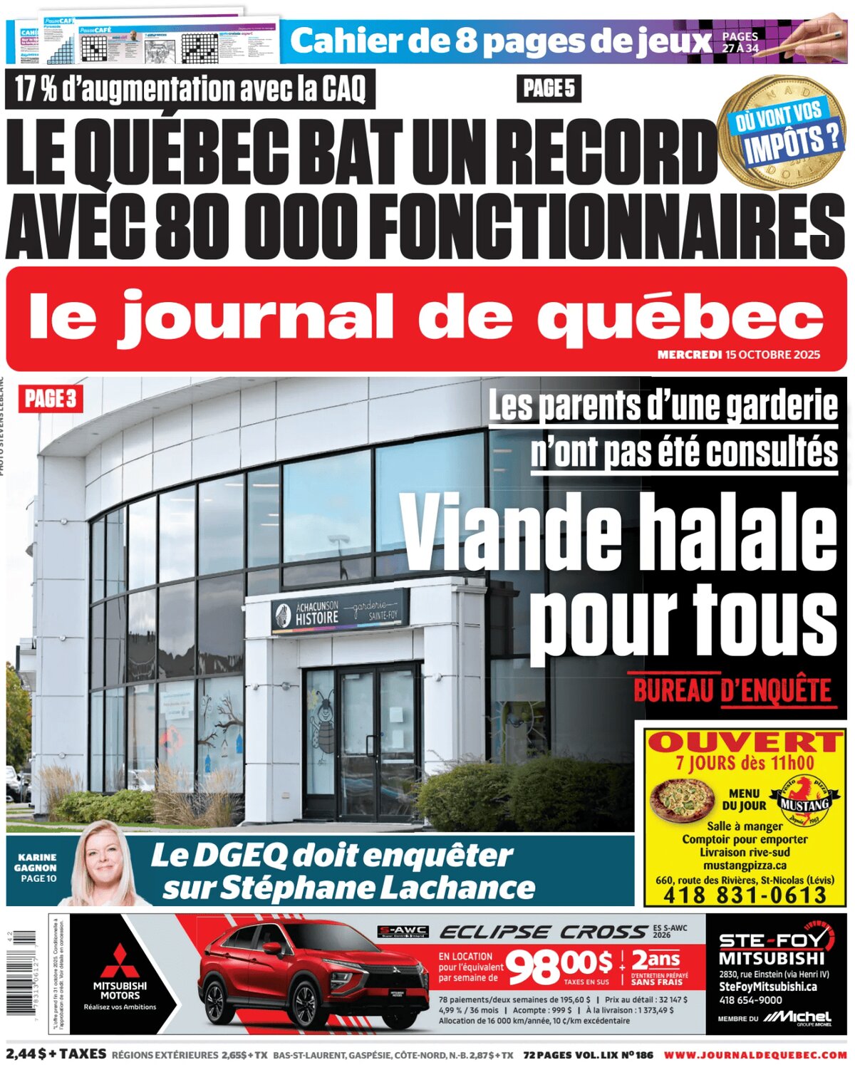 Prima Pagina Le Journal de Québec 15/10/2025
