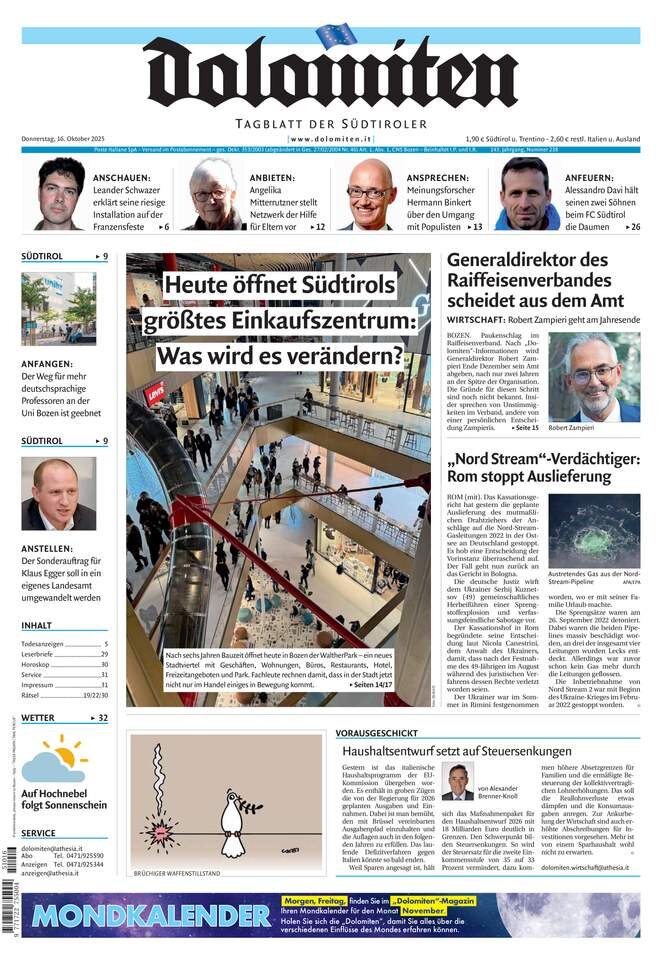 Prima Pagina Dolomiten 16/10/2025