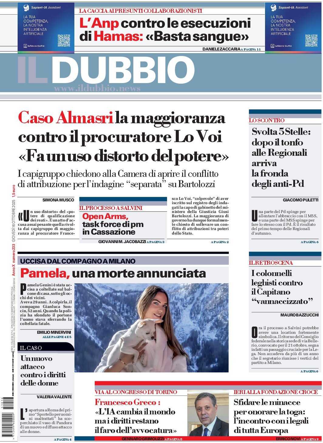 Prima Pagina Il Dubbio 16/10/2025