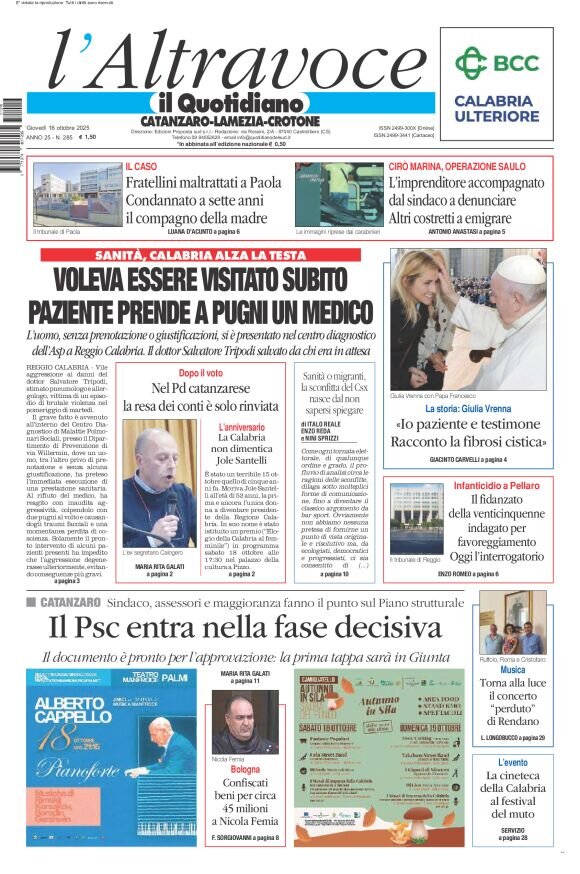 Prima Pagina Il Quotidiano del Sud (Catanzaro) 16/10/2025