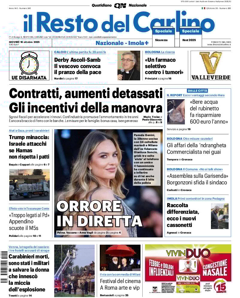Prima Pagina Il Resto del Carlino 16/10/2025