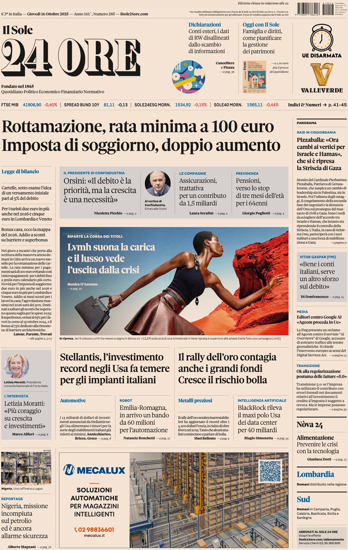 Prima Pagina Il Sole 24 Ore 16/10/2025
