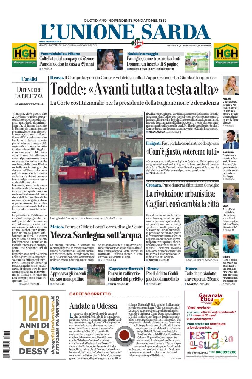 Prima Pagina L'Unione Sarda 16/10/2025