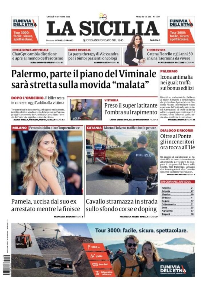 Prima Pagina La Sicilia 16/10/2025