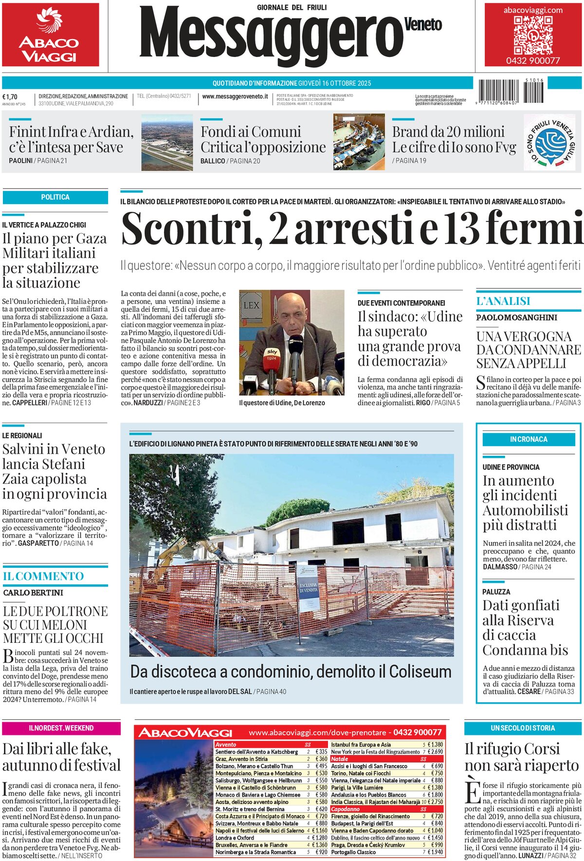 Prima Pagina Messaggero Veneto (Udine) 16/10/2025