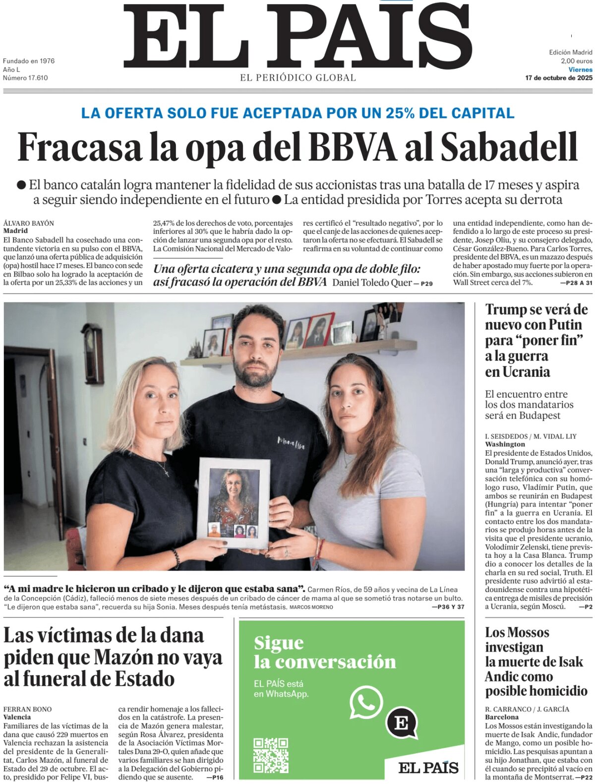 Prima Pagina El País 17/10/2025
