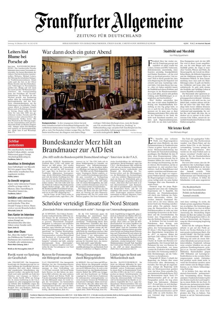 Prima Pagina Frankfurter Allgemeine Zeitung 18/10/2025