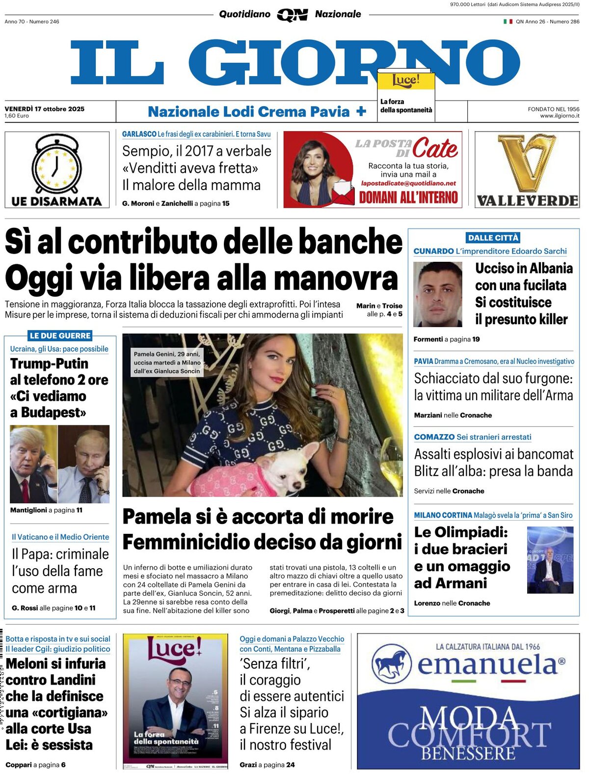 Prima Pagina Il Giorno 17/10/2025